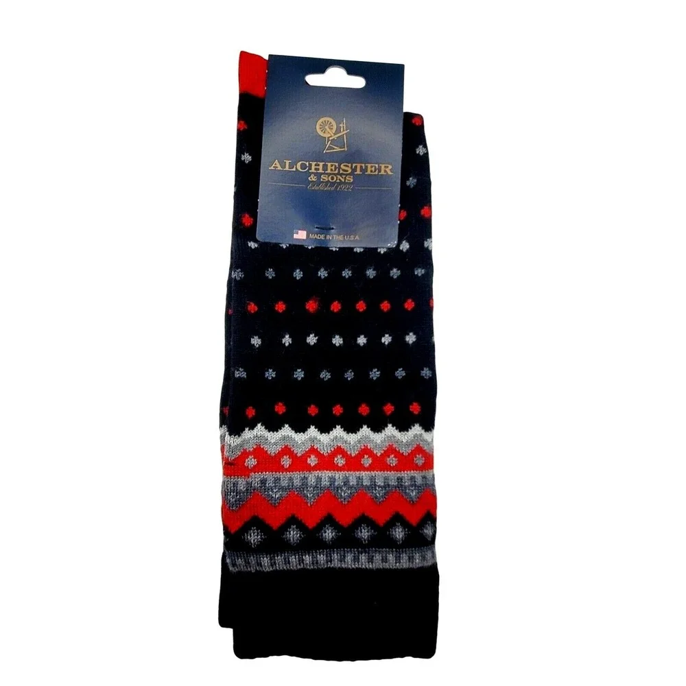 Black Fair Isle Merino Wool Crew Socks Mens Large Dress Alchester Telluride NEW